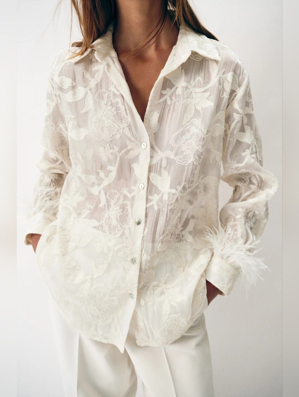 ZARA FEATHER EMBROIDERED SHIRT